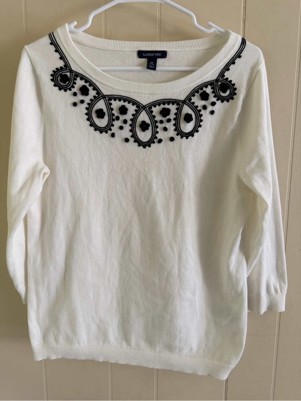 Lands' End White Crewneck Sweater with Black Embroidered
